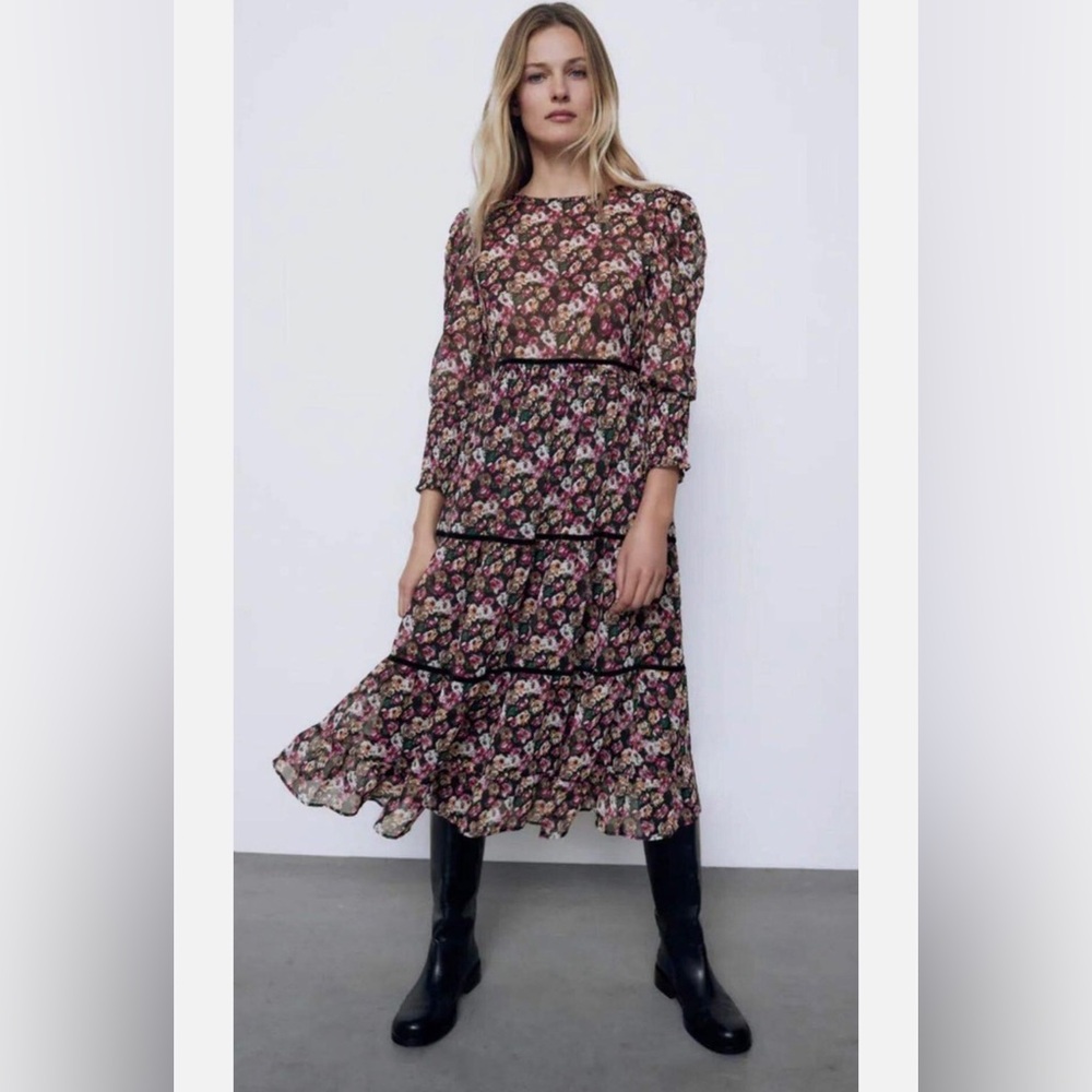NWT ZARA Pink & Black Floral Print Midi Dress Size M
